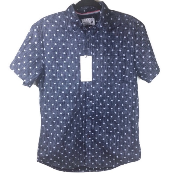 NWT Cactus Slim Fit Star Print Navy One Pocket Button Up Shirt Size Medium - Picture 1 of 7